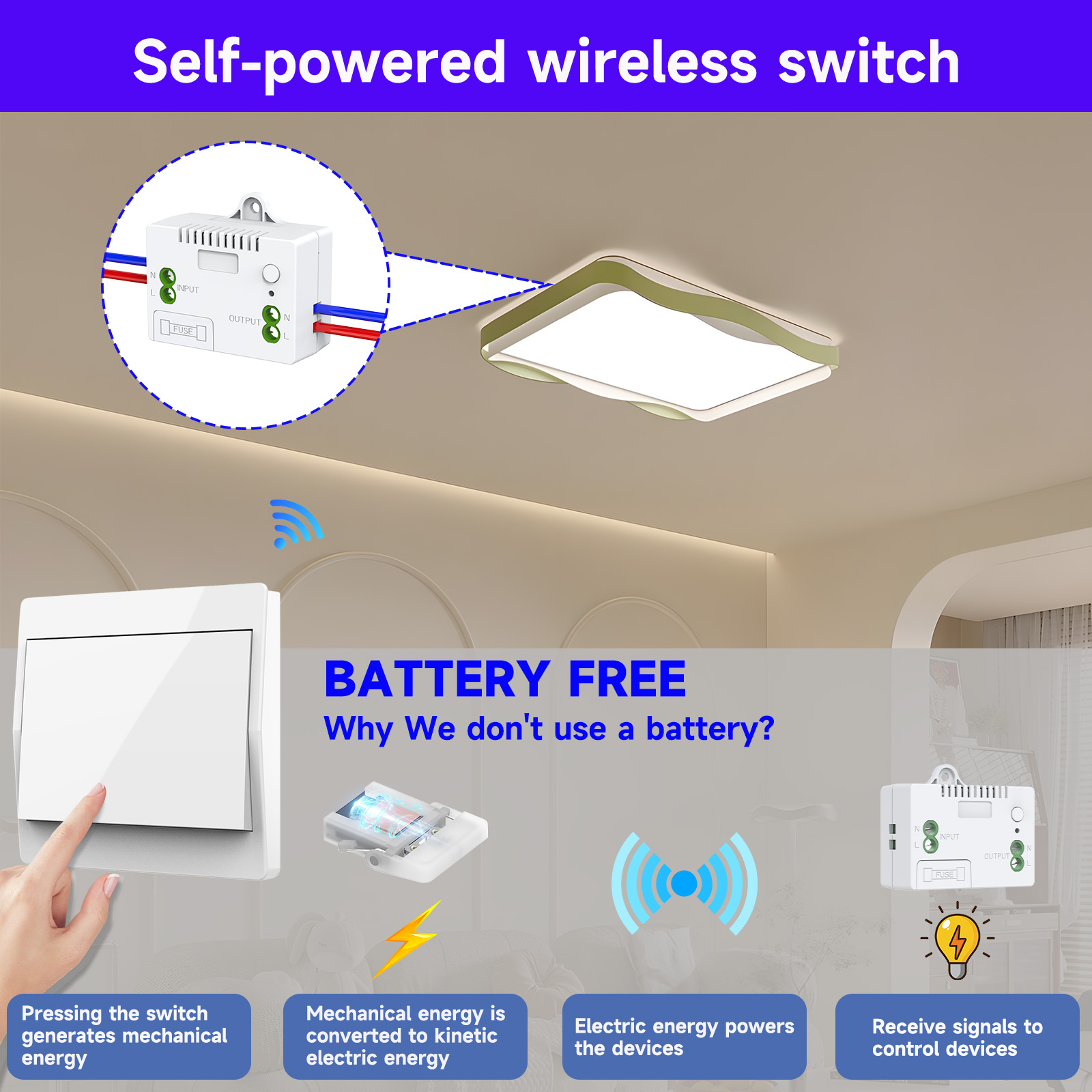 Outdoor Power Outlet With Remote Control - No‑Wiring Needed Waterproof RF433 Kinetic Self‑Powered